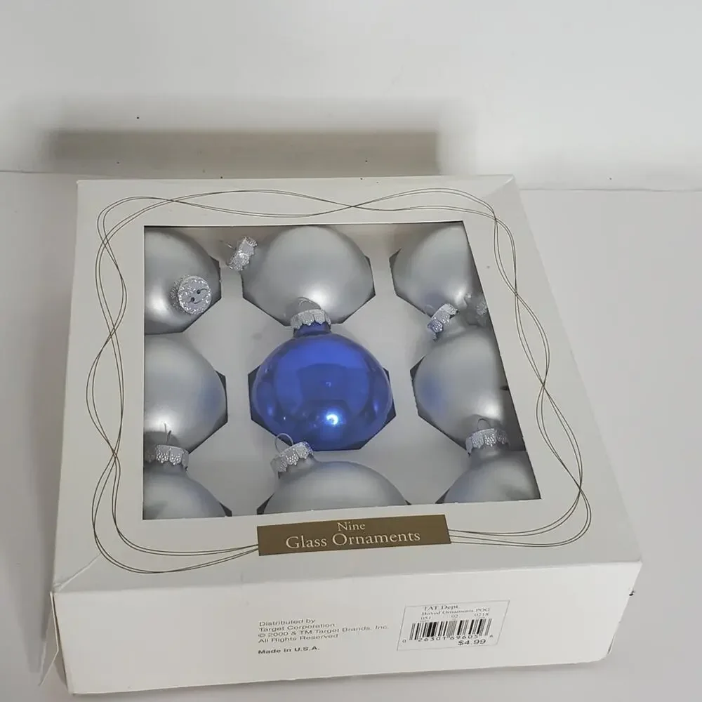 Target Large Silver + 1 blue  glass christmas Ornament set of 9 in box
